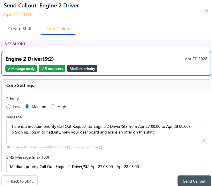 Daily Roster send callout screen — Engine 2 Driver, priority, message, recipients